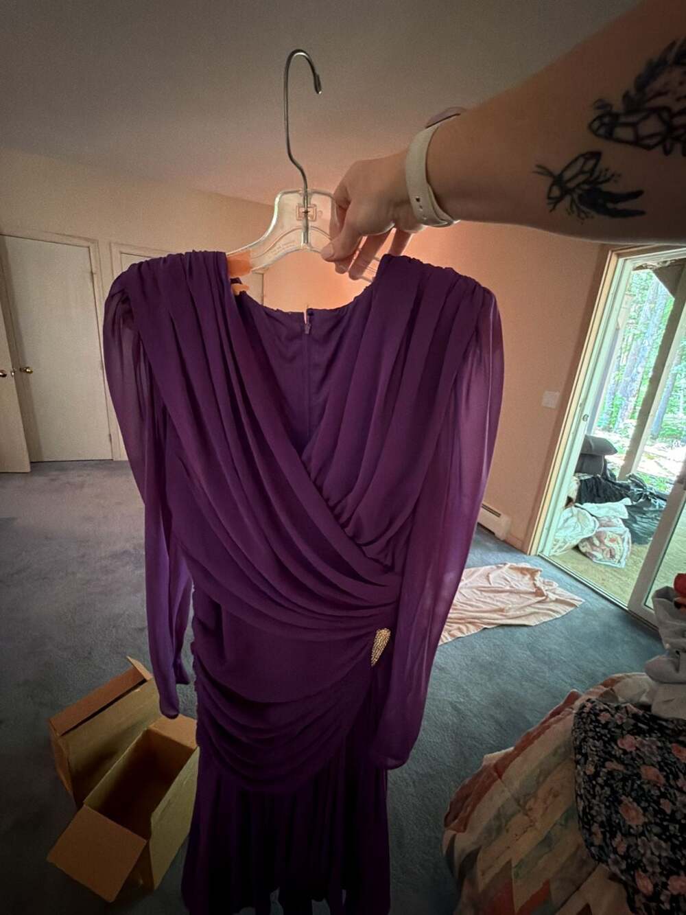 Vintage Elissa Purple Draped Chiffon Long Sleeve Evening Dress